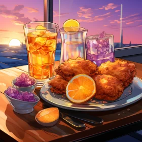 Anime Art of Fried Chicken Plate in Luminous Seascape