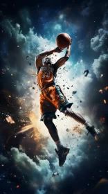 Dynamic Basketball Player Mid-Air Against Dramatic Backdrop AI Image