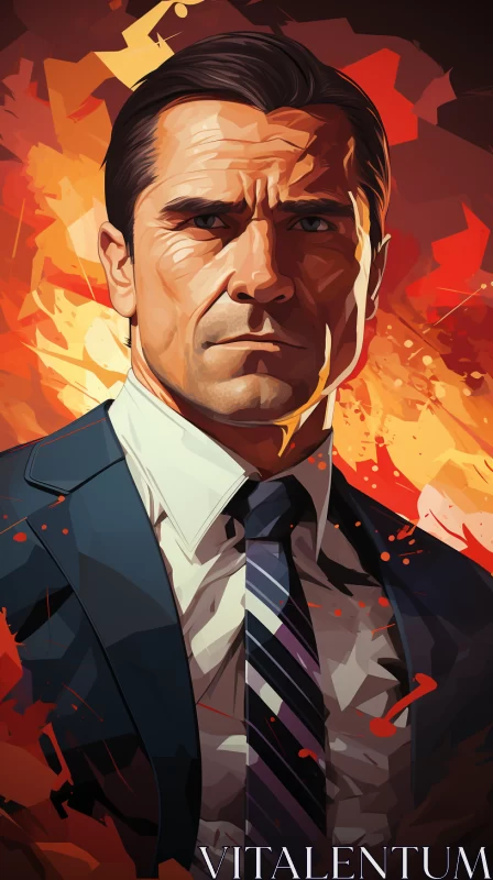 Stylized Realistic Portrait of a Man in Suit with Flames AI Image