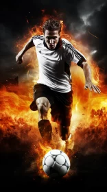 Dynamic Soccer Action Scene with Fiery Ball and High Dynamic Range Imagery AI Image