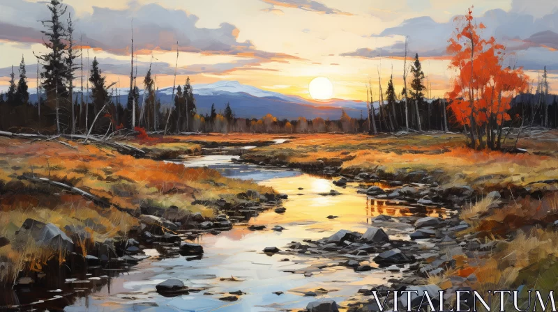 Golden Sunset over Stream in Autumn Wilderness Painting AI Image