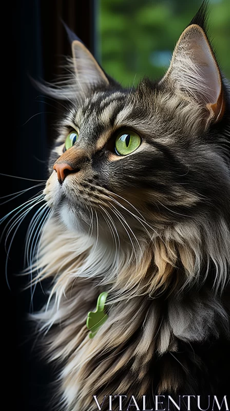Green Feline with Emerald Eyes: A Mesmerizing, Sunlit Scene AI Image