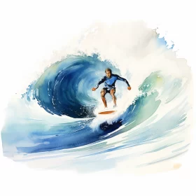 High-Resolution Watercolor Illustration of Man Surfing Wave, Cyclorama of Blue and Amber Hues, Rim L AI Image