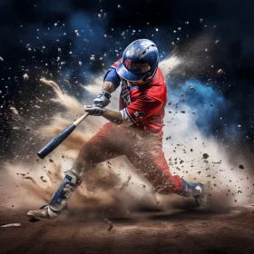 Intense Baseball Swing in Dusty Scene with Abstract Style AI Image