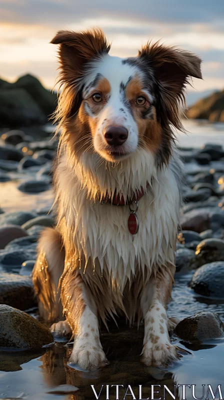 Majestic Dog on Rocky Shore at Sunset in Wet-on-Wet Painting AI Image
