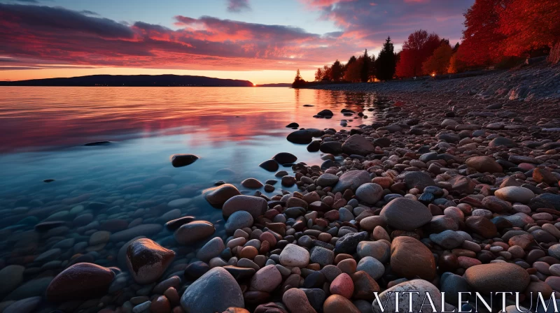 Tranquil Sunset over Rocky Beach with Soothing Hues and Cabincore Charm AI Image