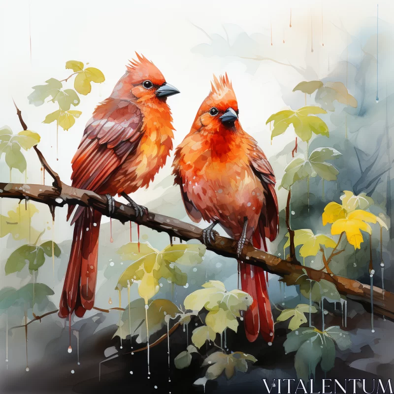 AI ART Vibrant Red Birds Perched on a Branch: Realistic Painting with Lush Foliage and Detailed Character I