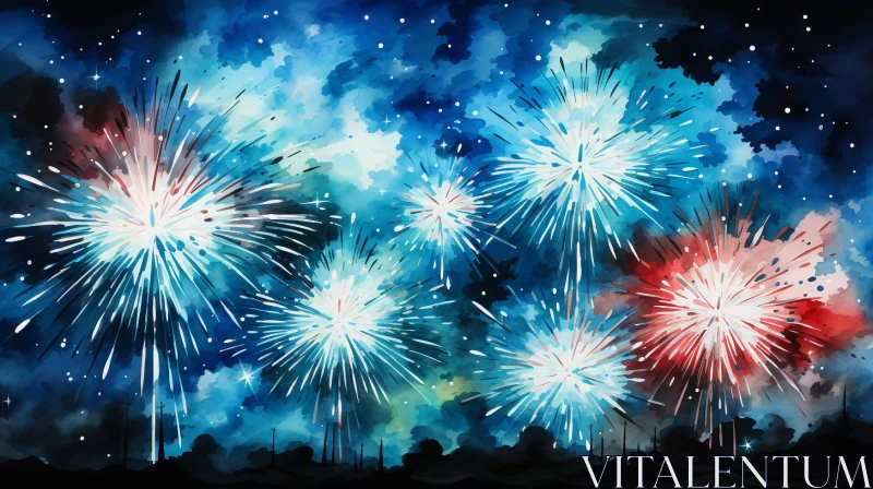 Watercolor Fireworks Painting with Detailed Backgrounds AI Image