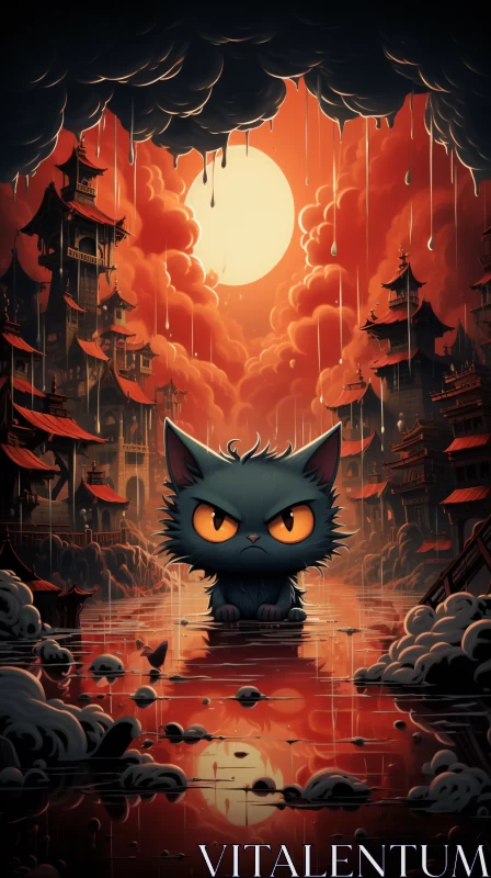 Animated Kitten in a Deserted City: A Gloomy Ambience with Dramatic Shading AI Image