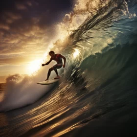 Electrifying Image of Surfer Riding a Massive Wave at Sunrise, Capturing Bravery and Raw Nature's Po AI Image