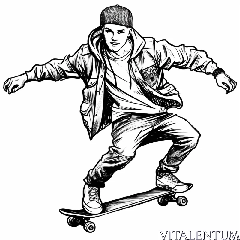 High-Resolution B&W Hyper-Realistic Skateboarder Illustration AI Image