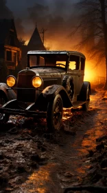 Romantic Gothic Antique Car in Muddy Landscape - AI Art images AI Image