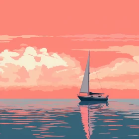 Vintage Poster Style Sail Boat Illustration on Serene Ocean at Sunset AI Image