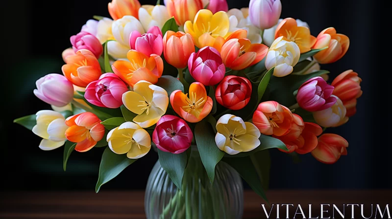 Artistic Display of Blooming Tulips in Glass Vase AI Image