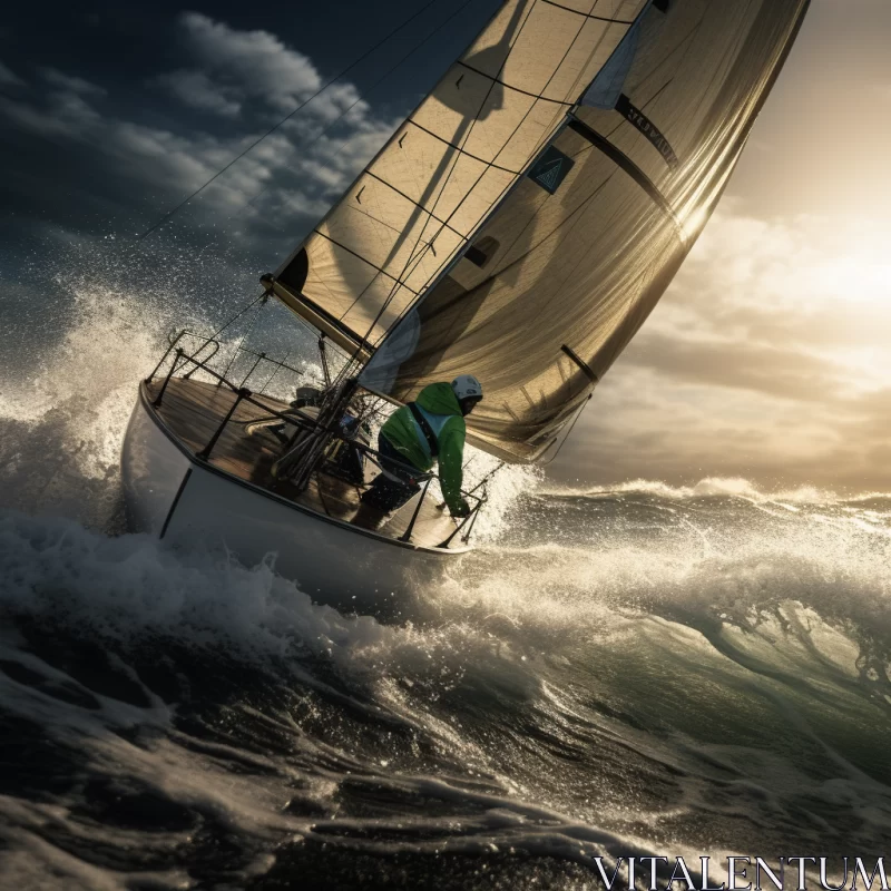 Sailor Navigating Turbulent Sea: Backlit Photography with High Dynamic Range AI Image