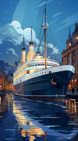 Vintage Cruise Ship Mural in Art Nouveau Style with Warm Amber Light AI Image