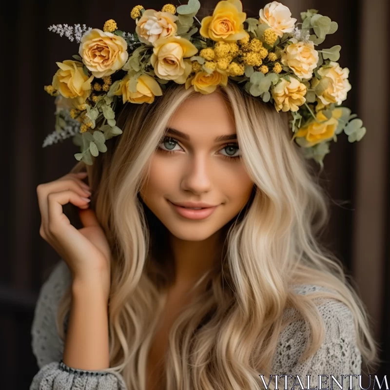 Cottagecore Aesthetics: Blonde Girl with Floral Crown in Light Gray Sweater AI Image