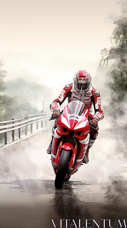 Dynamic Motorcycle Ride Digital Painting in Softly Colored Landscape AI Image
