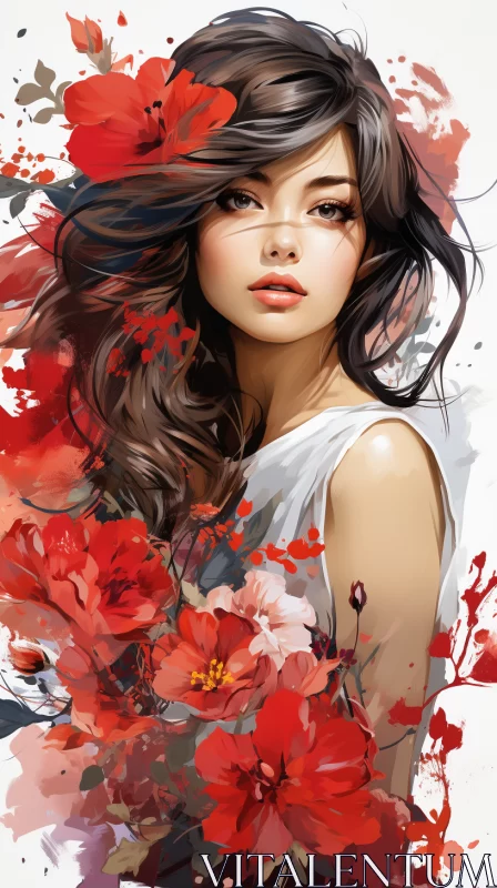 Manga-Style Painting of Lady with Red Flowers AI Image