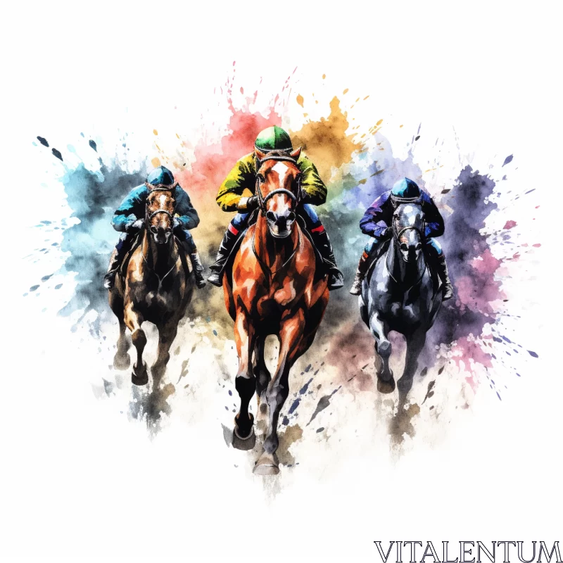 32k UHD Vibrant Watercolor Painting of Fierce Horse Race AI Image