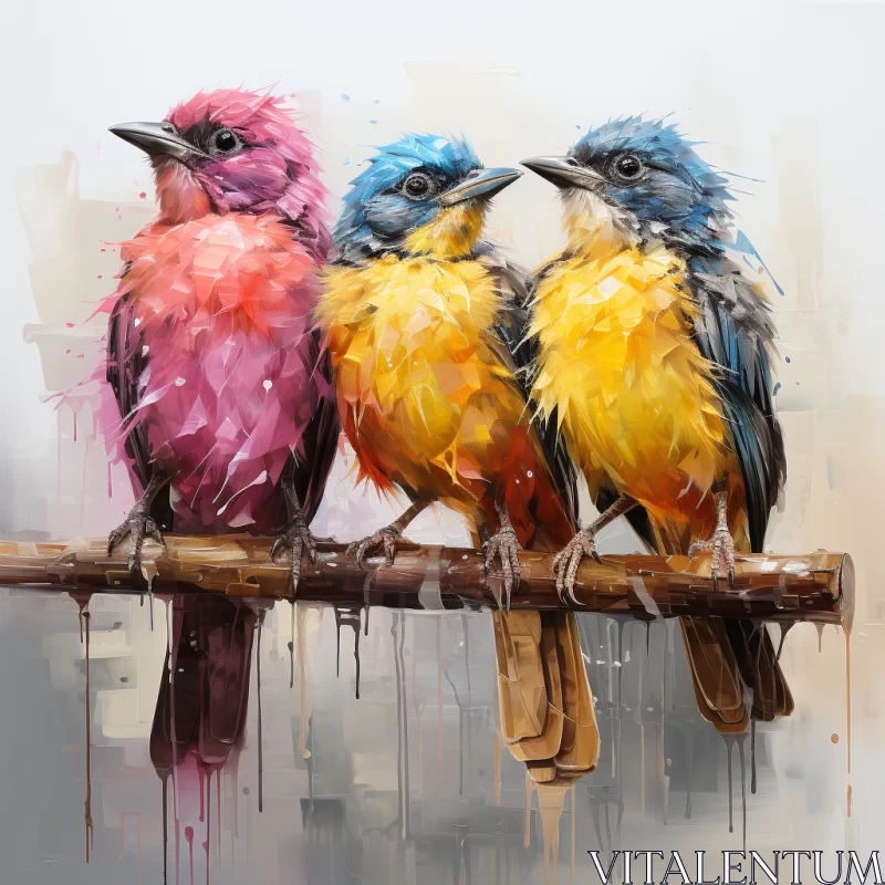 Captivating Painting of Three Colorful Birds on a Branch - Vibrant Hues and Masterful Detail AI Image