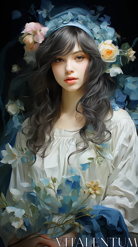 Ethereal Woman with Flowers: A Blend of Realism and Anime Art AI Image