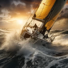 Photorealistic Image of Sailboat in Stormy Sea at Sunset AI Image