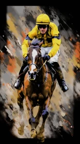 Pop-Art Inspired Jockey on Black Horse Digital Mixed Media Art AI Image