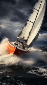 Stormy Seaside with Vibrant Orange Sailboat: A Photorealistic Image AI Image