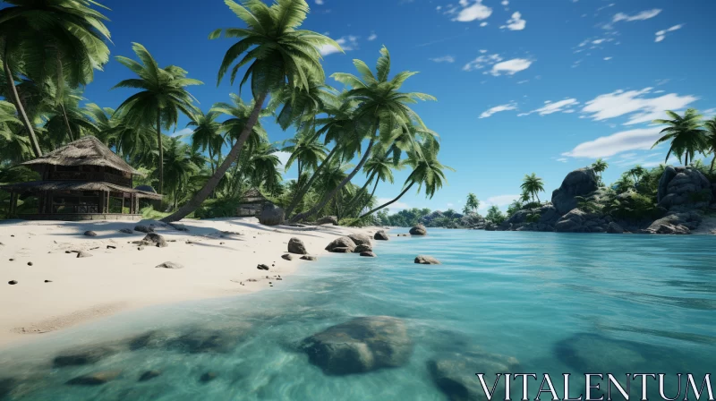 3D Tropical Island with Palm Trees and Ocean Scenery AI Image