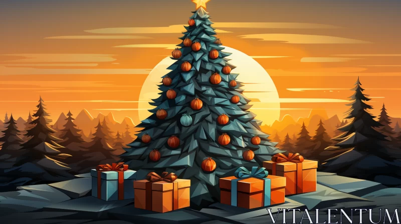 Cartoonish Christmas Tree in Mountain Forest at Sunset AI Image