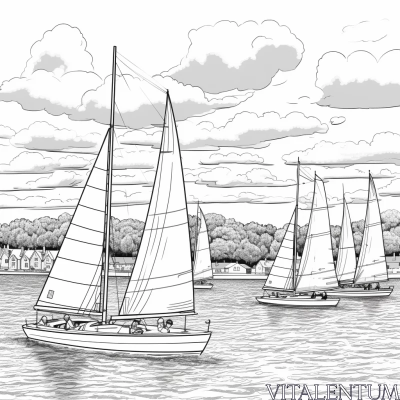 Detailed Monochrome Sailboats Racing Illustration with Rich Hued Sky AI Image