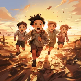 Expressive Manga Style Cartoon of Boys Running in Dirt AI Image