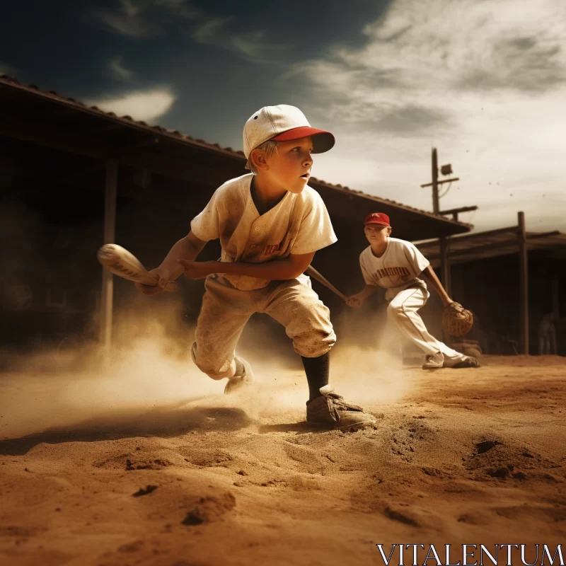 Nostalgic Tonalist Image of Young Boys Playing Baseball AI Image