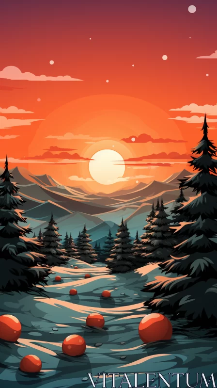 AI ART Winter Landscape Illustration: Mountains and Sunset