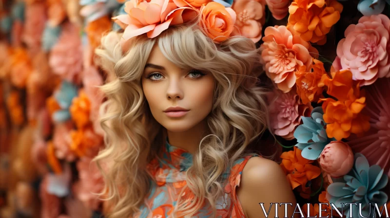Young Woman in Floral Hairstyle Against Flower Wall AI Image