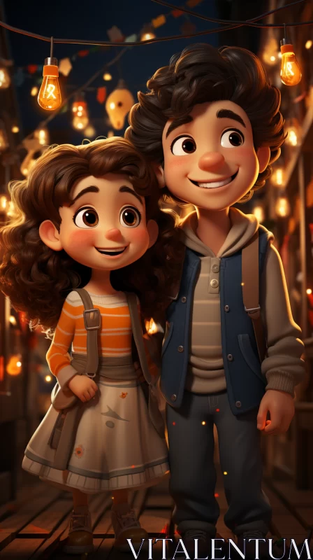 Animated Style Depiction of Boy and Girl in Illuminated Town AI Image