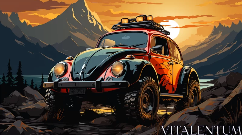 Vintage Volkswagen Beetle in Pop Art Mountain Landscape - AI Art images AI Image