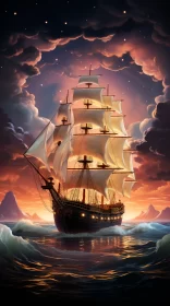 17th Century Sailing Ship Journey in Amber Ocean at Sunset AI Image