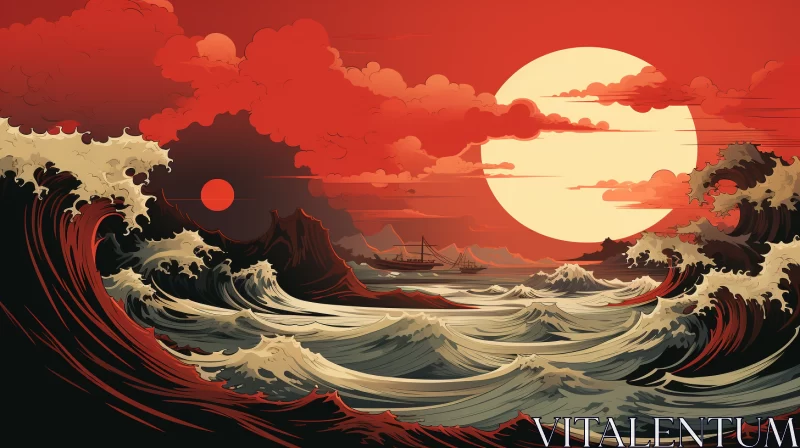 Anime-Inspired Ocean Scene with Stormy Seas and Red Sunset AI Image