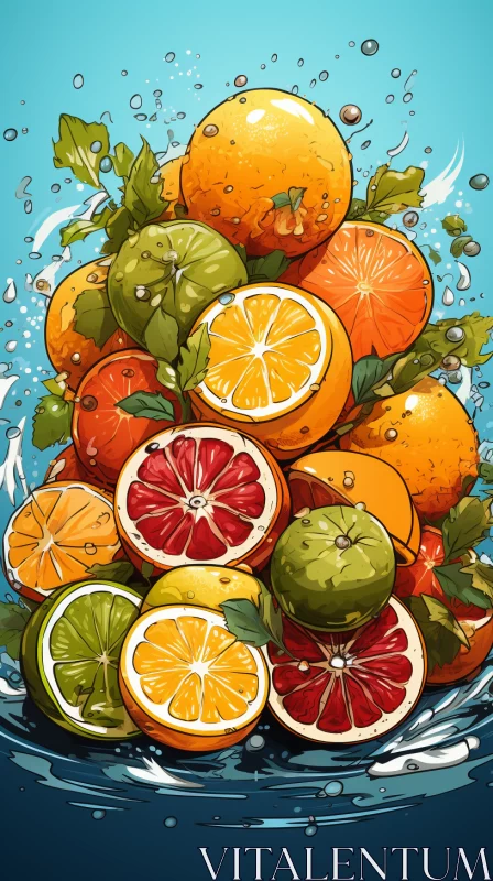 Citrus Fruits Floating in Water- A Comic Art Inspired Illustration AI Image