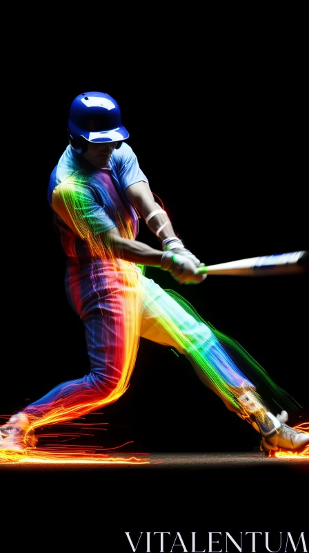 AI ART Neon Outlined Baseball Player in Action - Artistic Blend of Traditional Photography
