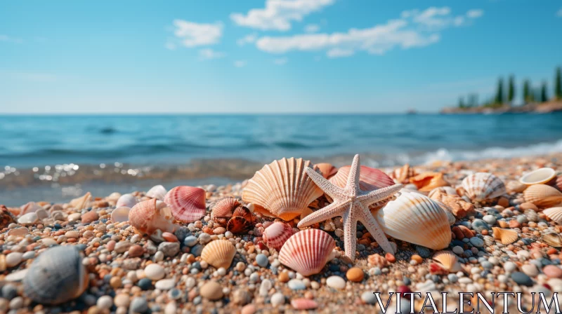 Tranquil Beach Scene with Starfish, Shells, and Azure Sea AI Image