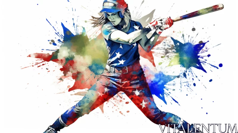Abstract Softball Player with American Flag Design in Aurorapunk Style AI Image
