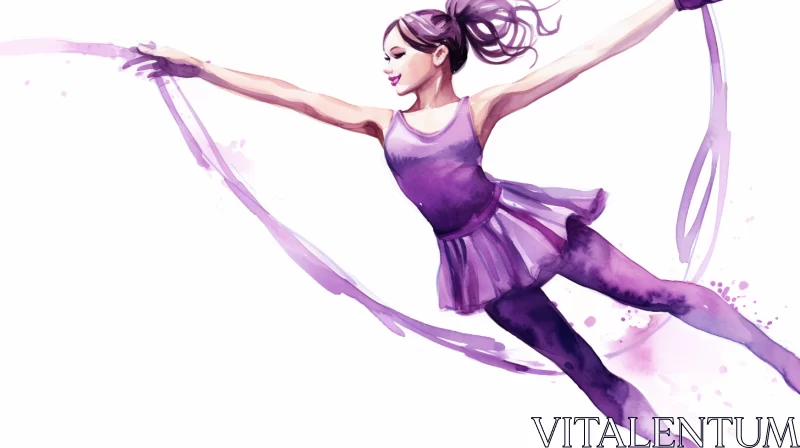 AI ART Figure Skater Girl Watercolor Illustration with Flowing Ribbon and Purple Dress