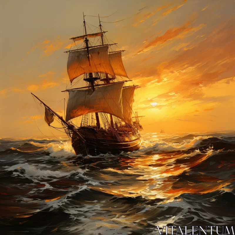 Romantic Sailing Ship in Golden Sunset on Vast Ocean AI Image