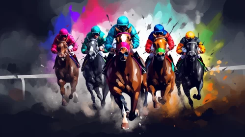 Vibrant 8K Horse Race Image with Neo-Traditional Elements AI Image