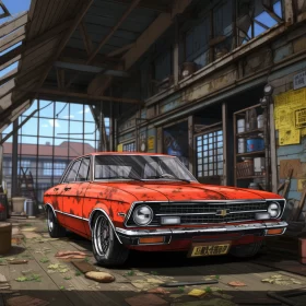 Vintage Red Car in Warehouse: A Neogeo and Supernatural Realism Art Piece - AI Art images AI Image