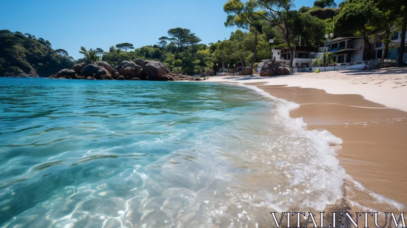 Azure Beach Scene with Mediterranean-style Buildings AI Image