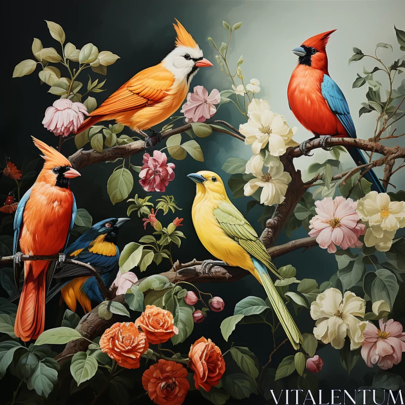 Hyper-Realistic Painting of Birds Perched on Vibrant Flower Branches in 8K Resolution AI Image